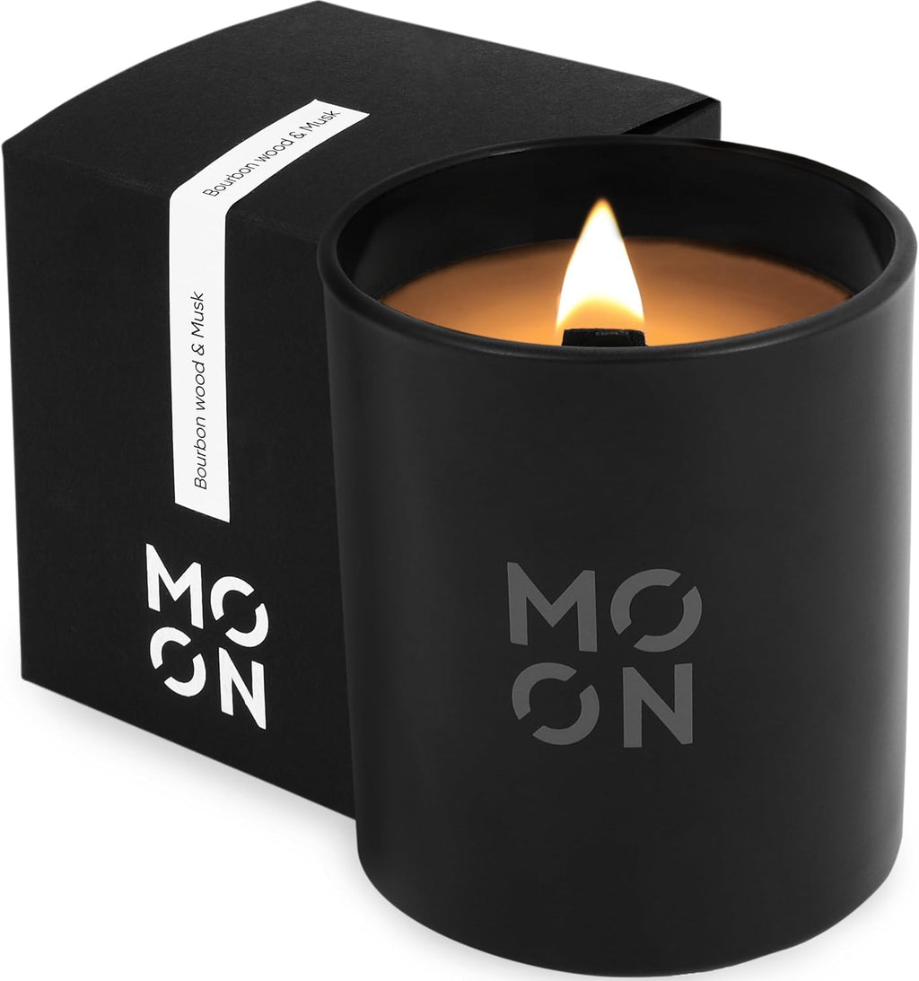 Scented Candle for Men & Women | Wood Wick Soy Candle | Non-Toxic Black Bourbon Scent | Aesthetic Wood & Musk