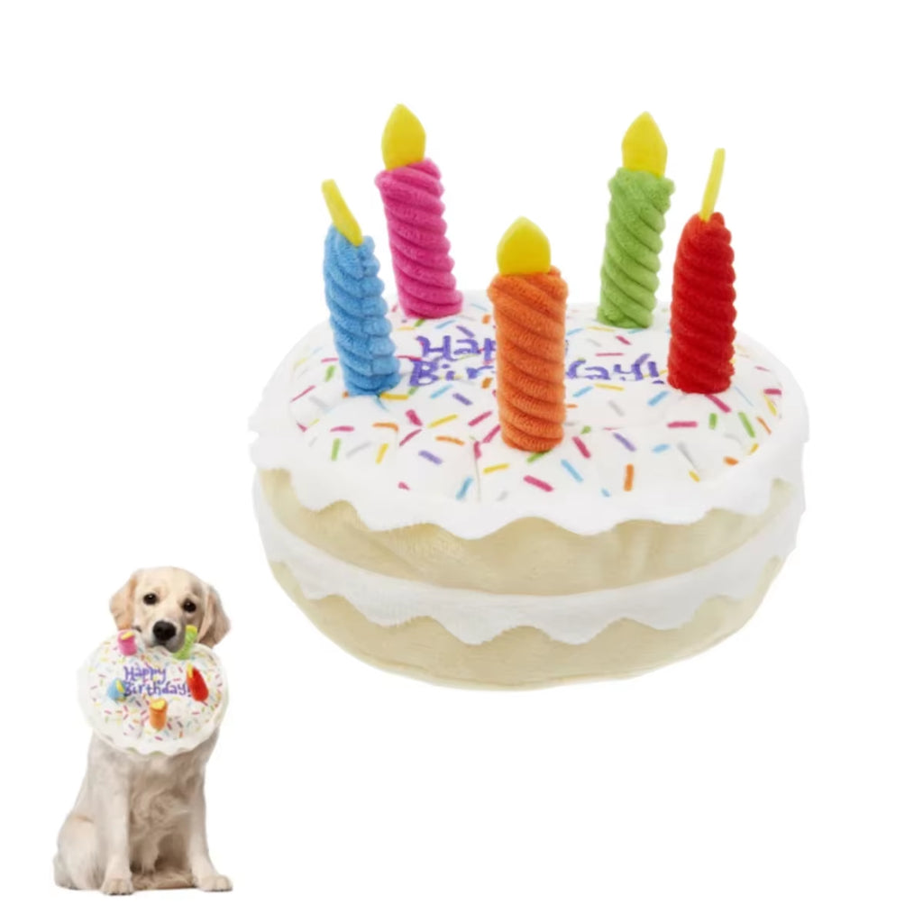 Dog Birthday Cake Toy Soft Plush Squeaky with Colourful Candles Durable Funny Stuffed Chew for Large Breeds Birthday Gift Scarf