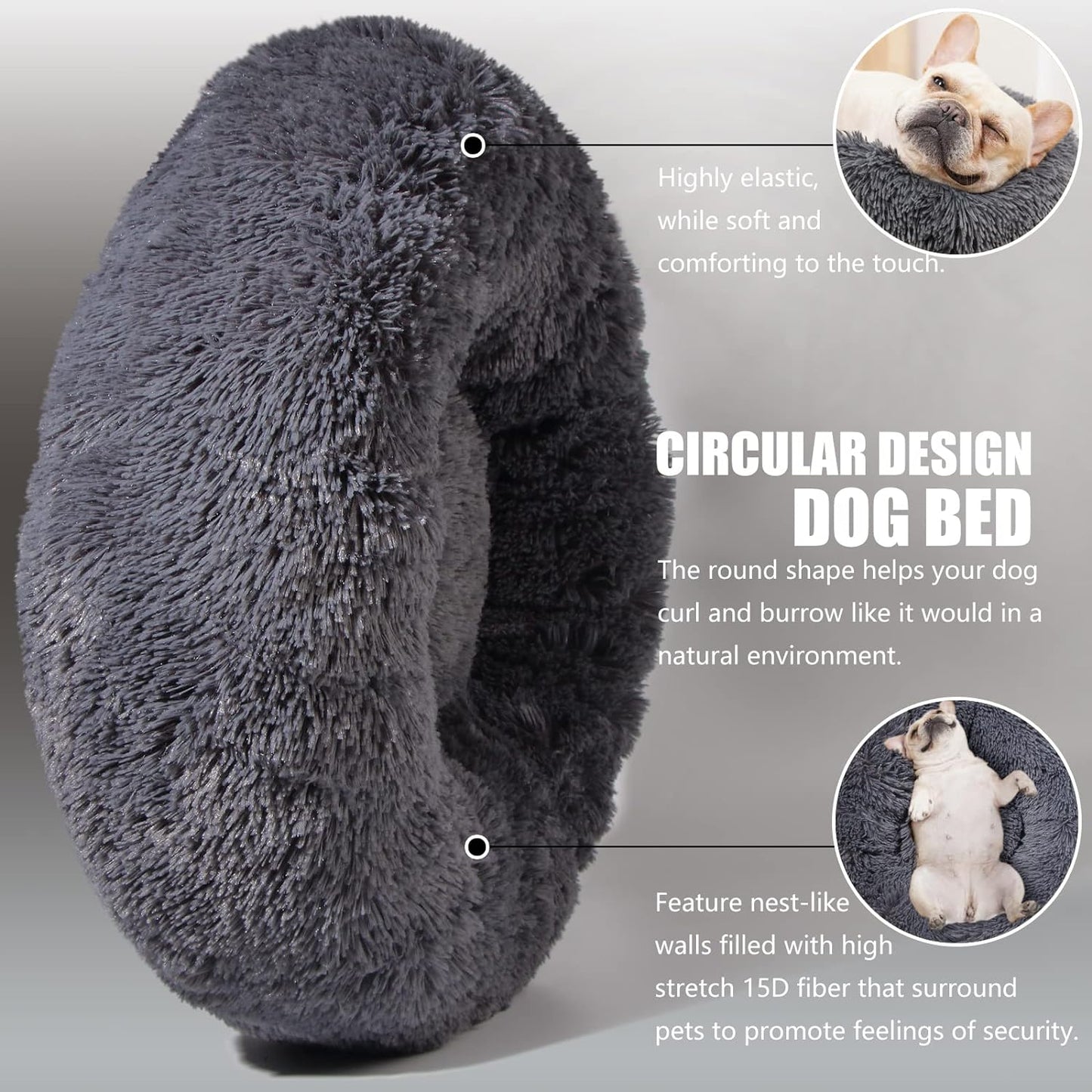 Dog Beds for Small Dogs Washable - Deep Sleep Calming Bed for Dogs with Anxiety,Round Fluff Dog Bed with Faux Fur for Small Sized Dog,Dark Grey,Fits up to 20 Lbs