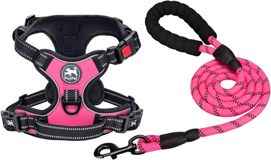 Dog Harness and Leash Combo, Escape Proof No Pull Vest Harness, with 5 Feet Leash, Reflective Adjustable Soft Padded Pet Harness with Handle for Small to Large Dogs(Pink,M)